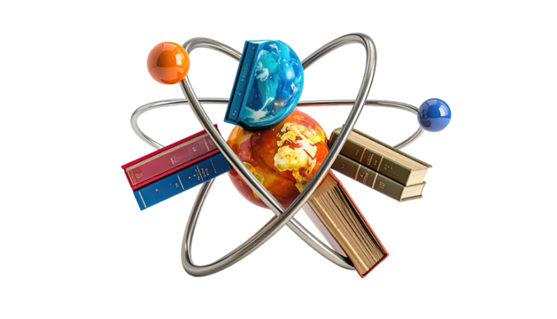 Composite illustration depicting knowledge, science, and learning through atomic structure