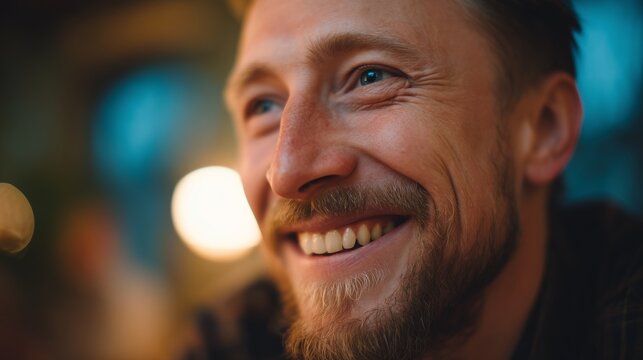 A young man is seated in a cozy, softly lit environment that enhances a relaxed setting. Warm light envelops the young man, creating a friendly and inviting atmosphere for conversa