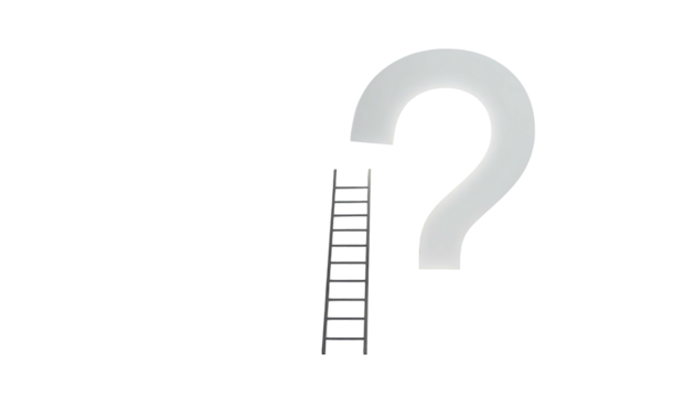 A ladder reaching towards an unfinished question mark on black background