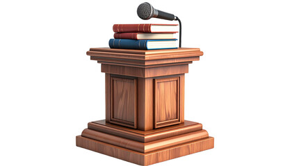 Wooden lectern with three books and a microphone against a black backdrop