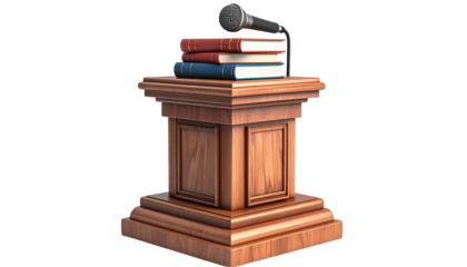 Wooden lectern with three books and a microphone against a black backdrop