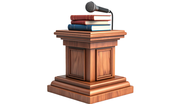 Wooden lectern with three books and a microphone against a black backdrop