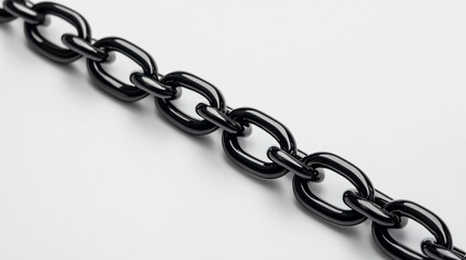 Obraz premium A close-up image of a black chain, showcasing linked metal segments with a sleek, shiny finish against a plain background.