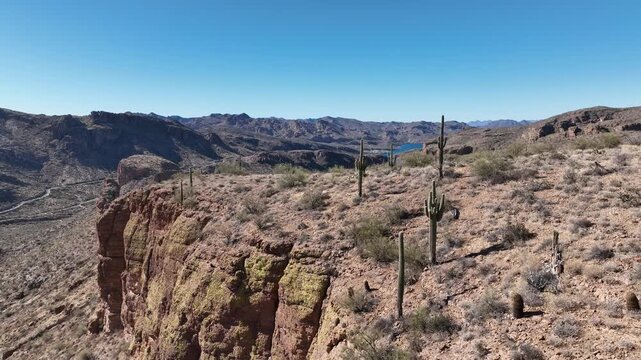 Aerial view of saguaros standing tall on rocky terrain with cliffs and mountains in the distance, Apache Junction, Arizona, United States.