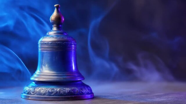 A bell with intricate designs stands against a backdrop of ethereal blue smoke
