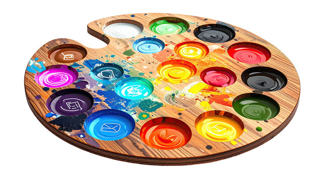 A wooden palette filled with vibrant, swirling paints, splashes, and icons, digitally rendered