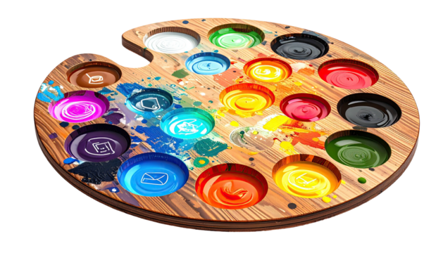 A wooden palette filled with vibrant, swirling paints, splashes, and icons, digitally rendered