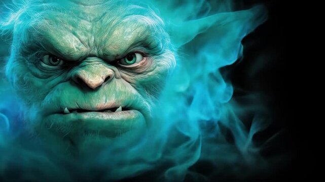 A close-up of a green, grumpy face surrounded by teal smoke against a black background