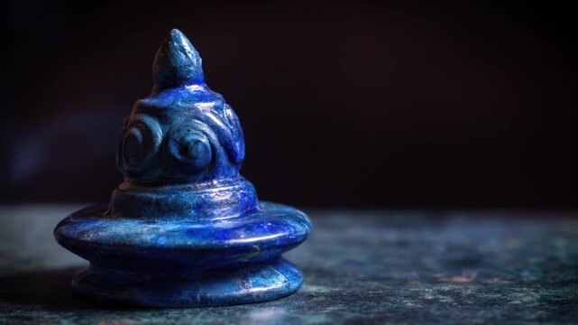 A blue, carved, ornate object with a conical top and swirling details sits on a textured surface