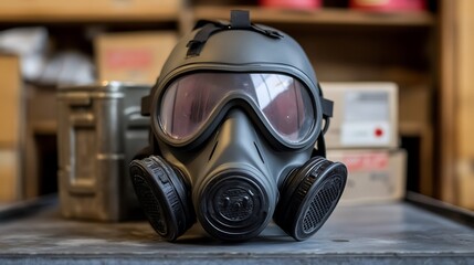 Gas mask on table with prepping for danger.