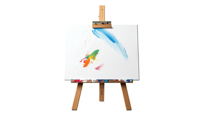 Wooden artist's easel with a white canvas displaying abstract brush strokes