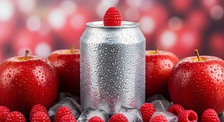 Refreshing apple soda can with raspberries and apples in a festive setting