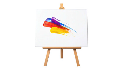 Wooden easel holds a canvas with vibrant strokes of blue, red, purple, and yellow paint