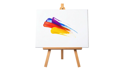 Wooden easel holds a canvas with vibrant strokes of blue, red, purple, and yellow paint
