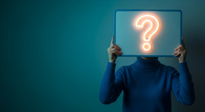 Person holding whiteboard with neon question mark, face hidden. Concept of inquiry, uncertainty, and seeking answers. Teal background with free space