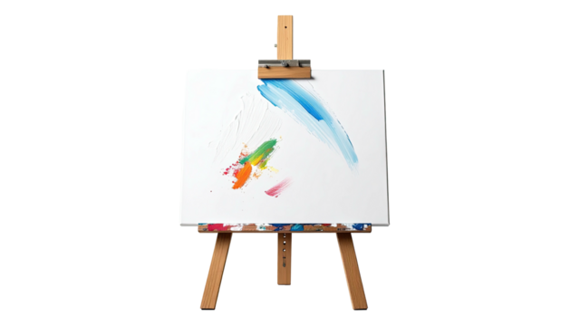 Wooden artist's easel with a white canvas displaying abstract brush strokes