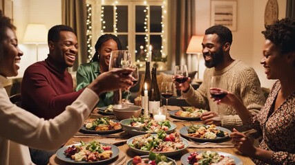 A group of cheerful African American friends enjoys a festive dinner. The warm, candlelit scene evokes joy and togetherness, ideal for holiday or celebration-themed projects. - Powered by Adobe