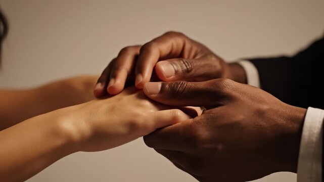 Close-up of a Black man's hands gently holding a white woman's hand. This tender moment symbolizes love, unity, and support in an interracial relationship. Ideal for romantic themes.