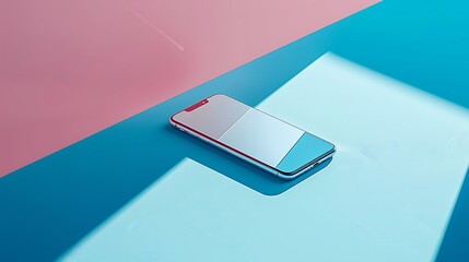 Isolated smartphone on blue and pink background with geometric shadow patterns and clean modern design