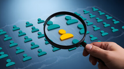 Magnifying glass focuses on a single unique yellow person icon among many blue icons representing recruitment and selection