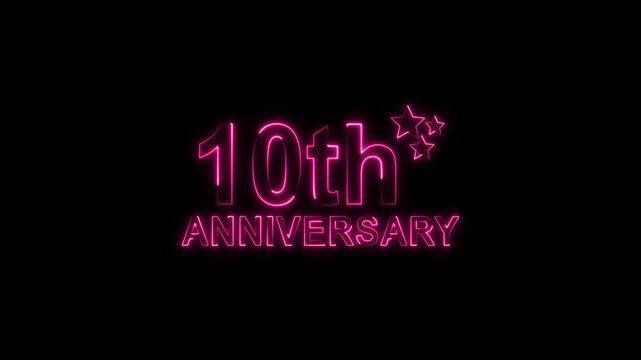 Celebrate 10th anniversary with glowing pink neon text and sparkling stars on a black backdrop, perfect for invitations, cards, and social media posts, evoking joy and milestone achievement