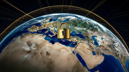 Golden padlock symbolizing security over a digital globe with network connections and illuminated cities - Powered by Adobe