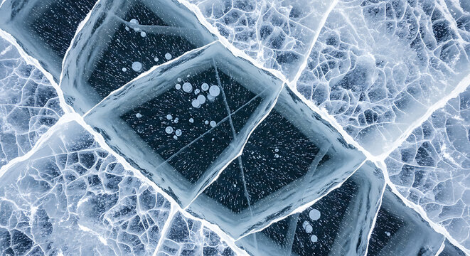 Close-up Abstract View of Deep Blue Cracked Ice with Air Bubbles Creating a Natural Geometric Pattern - Powered by Adobe