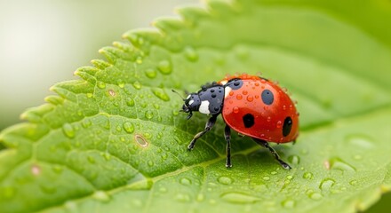 Fototapeta premium Close up of a red ladybug with black spots on a green leaf covered in water droplets in soft lighting