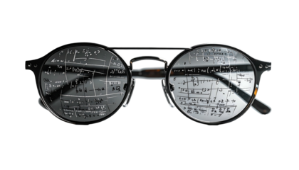 Black-framed round glasses with musical notes reflected on the lenses