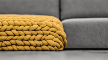 Chunky Mustard Blanket on Gray Couch