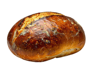 Close-up studio shot of a rustic loaf of bread against a stark, black backdrop