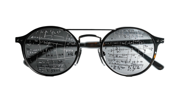 Black-framed round glasses with musical notes reflected on the lenses