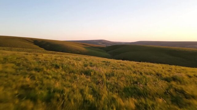 Capturing the gentle undulations and sweeping contours of an expansive, verdant hillscape under a vast, open sky at golden hour. Wide aerial perspective highlighting the natural grandeur and?