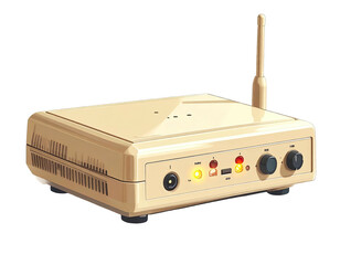 Cartoon-style illustration of a beige electronic device with antenna, buttons, and indicator lights