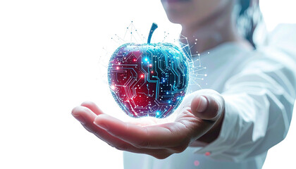 A person holds a digital apple, with circuits and light, on a black background