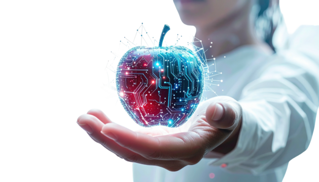 A person holds a digital apple, with circuits and light, on a black background