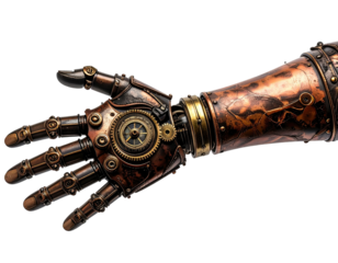 A detailed close-up of a steampunk-styled mechanical arm, showcasing gears and intricate detailing