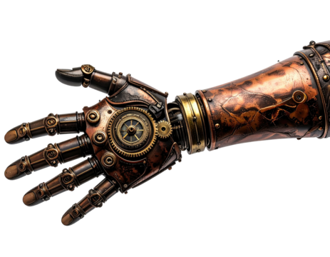 A detailed close-up of a steampunk-styled mechanical arm, showcasing gears and intricate detailing - Powered by Adobe
