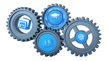 Four interlocking gears with icons representing education, learning, and related themes, on black