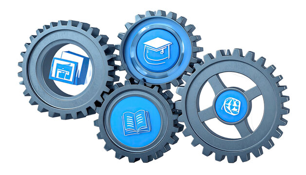 Four interlocking gears with icons representing education, learning, and related themes, on black