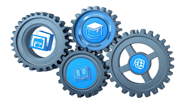 Four interlocking gears with icons representing education, learning, and related themes, on black - Powered by Adobe