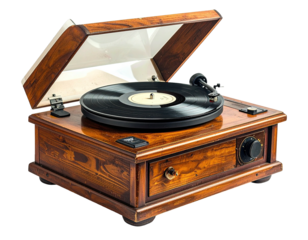 Vintage wooden record player, featuring a black vinyl disc, open lid, & elegant design