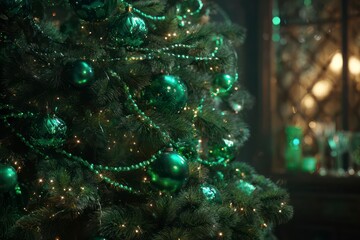A lush, dense Christmas tree, beautifully decorated with only vibrant emerald green ornaments, glowing green LED lights, and sparkling green garlands