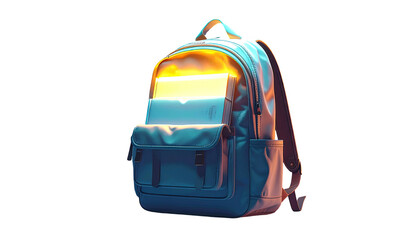 Digitally rendered backpack, teal and navy hues, illuminated interior, dark background