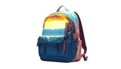 Digitally rendered backpack, teal and navy hues, illuminated interior, dark background