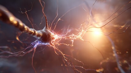 The image displays a neuron showcasing its intricate structure, with glowing electrical impulses illustrating neural communication. This neuron highlights the fundamental process o