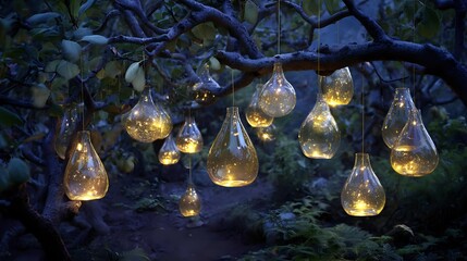 Decorative glass lanterns hanging from tree branches creating a magical and whimsical atmosphere perfect for outdoor events and garden decor