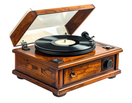 Vintage wooden record player, featuring a black vinyl disc, open lid, & elegant design