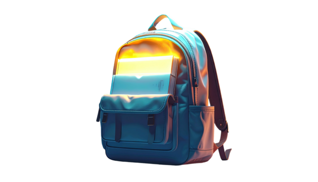 Digitally rendered backpack, teal and navy hues, illuminated interior, dark background