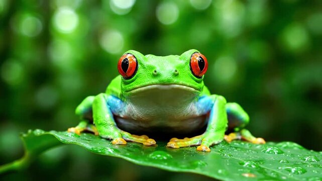 A vibrant red eyed tree frog (Agalychnis callidryas) camouflaged on a dewy, emerald green leaf, showcasing its brilliant natural colors. Close up, stable macro shot emphasizing intricate skin?